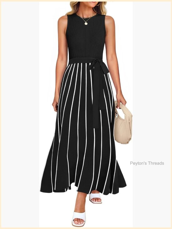 Dresses & Skirts - Sleeveless Crewneck Ribbed Knit Tie Waist Maxi Dress with Belt